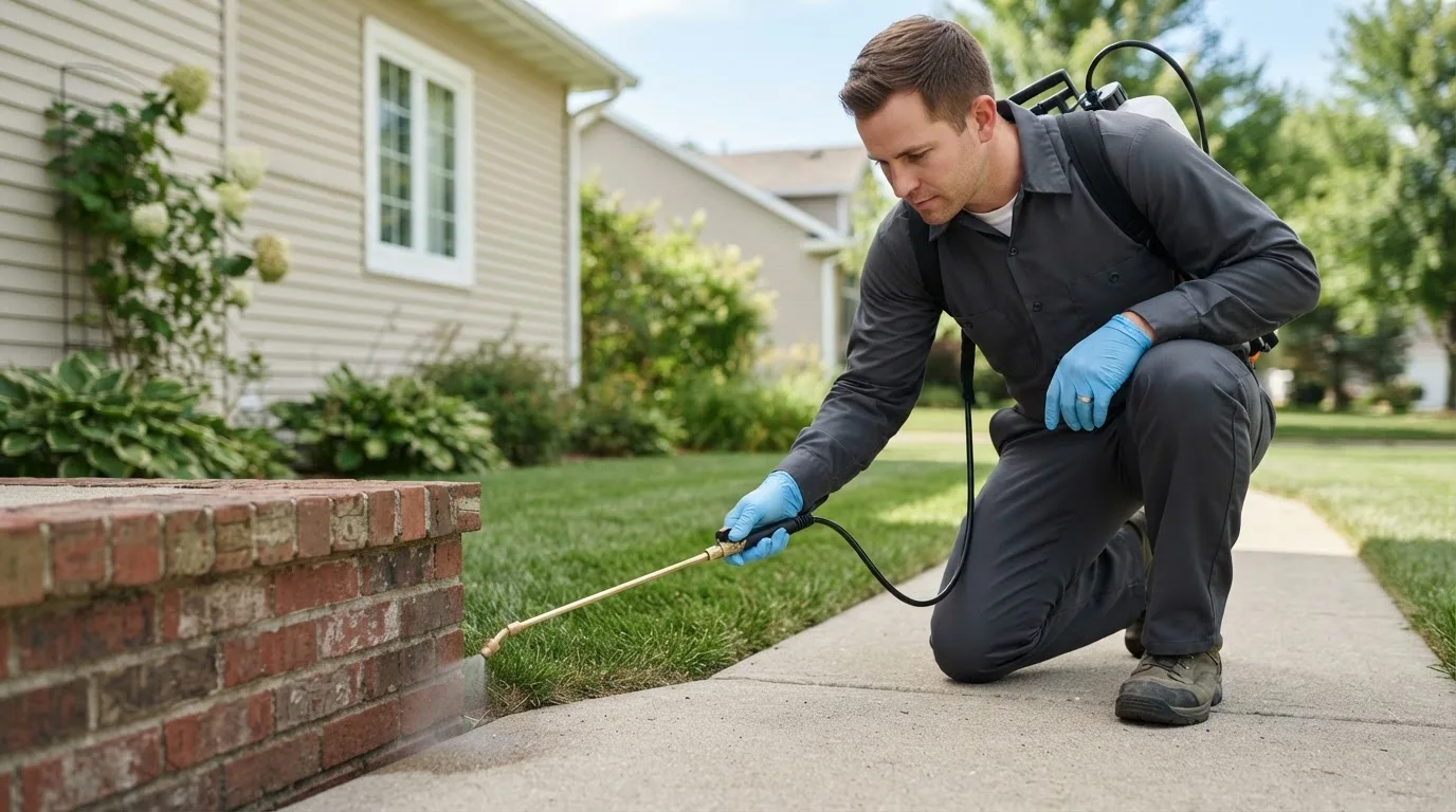 Pest control technician treating a home near Kokomo, IN