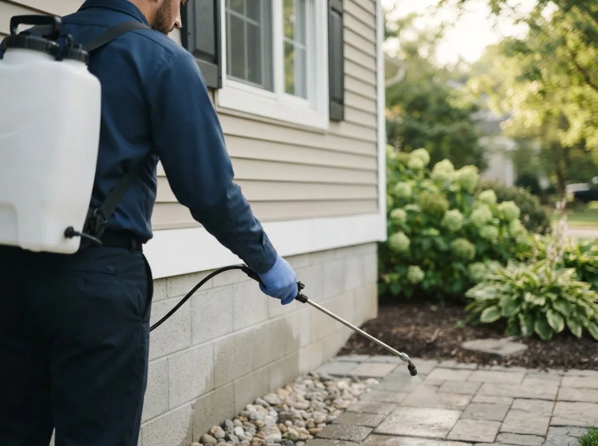Pest control technician inspecting a home in Kokomo, IN